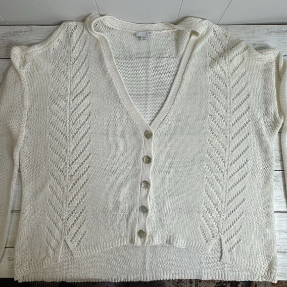 J Jill Womens Ivory Pointelle Cardigan Sweater Sz XL Linen Blend Button Front - Picture 11 of 15